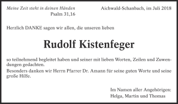 Traueranzeige von Rudolf Kistenfeger von Eßlinger Zeitung/Cannstatter Zeitung