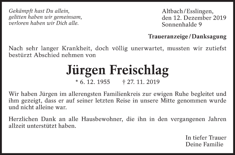  Traueranzeige für Jürgen Freischlag vom 12.12.2019 aus Eßlinger Zeitung/Cannstatter Zeitung