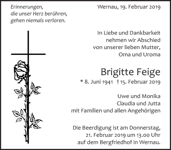 Traueranzeige von Brigitte Feige von Eßlinger Zeitung/Cannstatter Zeitung