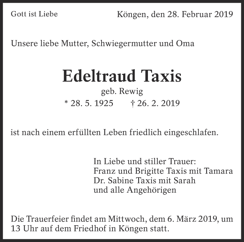  Traueranzeige für Edeltraud Taxis vom 28.02.2019 aus Eßlinger Zeitung/Cannstatter Zeitung