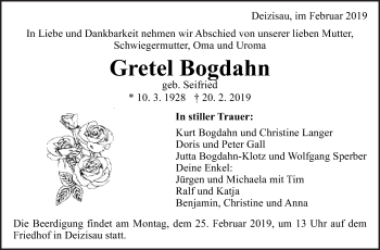 Traueranzeige von Gretel Bogdahn von Eßlinger Zeitung/Cannstatter Zeitung