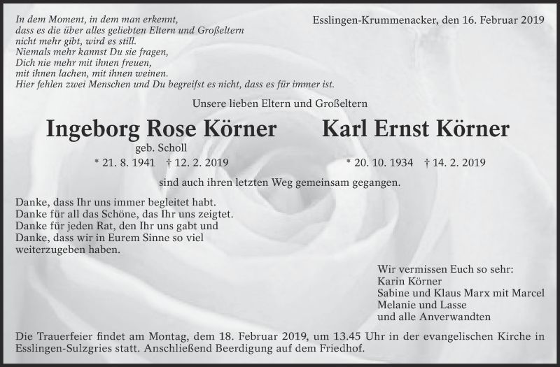  Traueranzeige für Ingeborg Rose Körner vom 16.02.2019 aus Eßlinger Zeitung/Cannstatter Zeitung