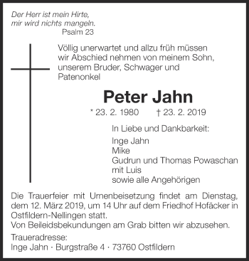 Traueranzeige von Peter Jahn von Eßlinger Zeitung/Cannstatter Zeitung