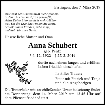 Traueranzeige von Anna Schubert von Eßlinger Zeitung/Cannstatter Zeitung