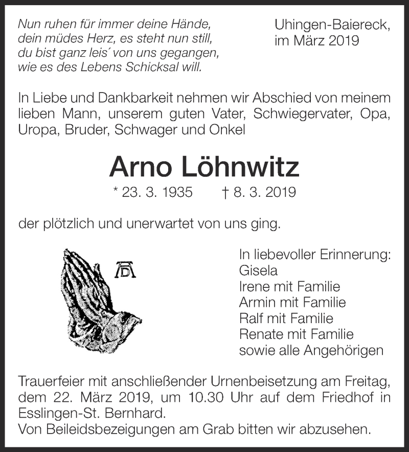  Traueranzeige für Arno Löhnwitz vom 16.03.2019 aus Eßlinger Zeitung/Cannstatter Zeitung