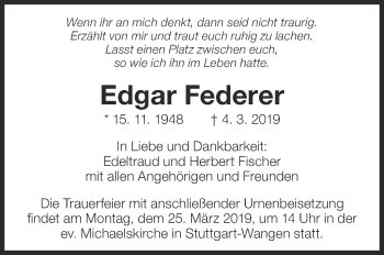 Traueranzeige von Edgar Federer von Eßlinger Zeitung/Cannstatter Zeitung