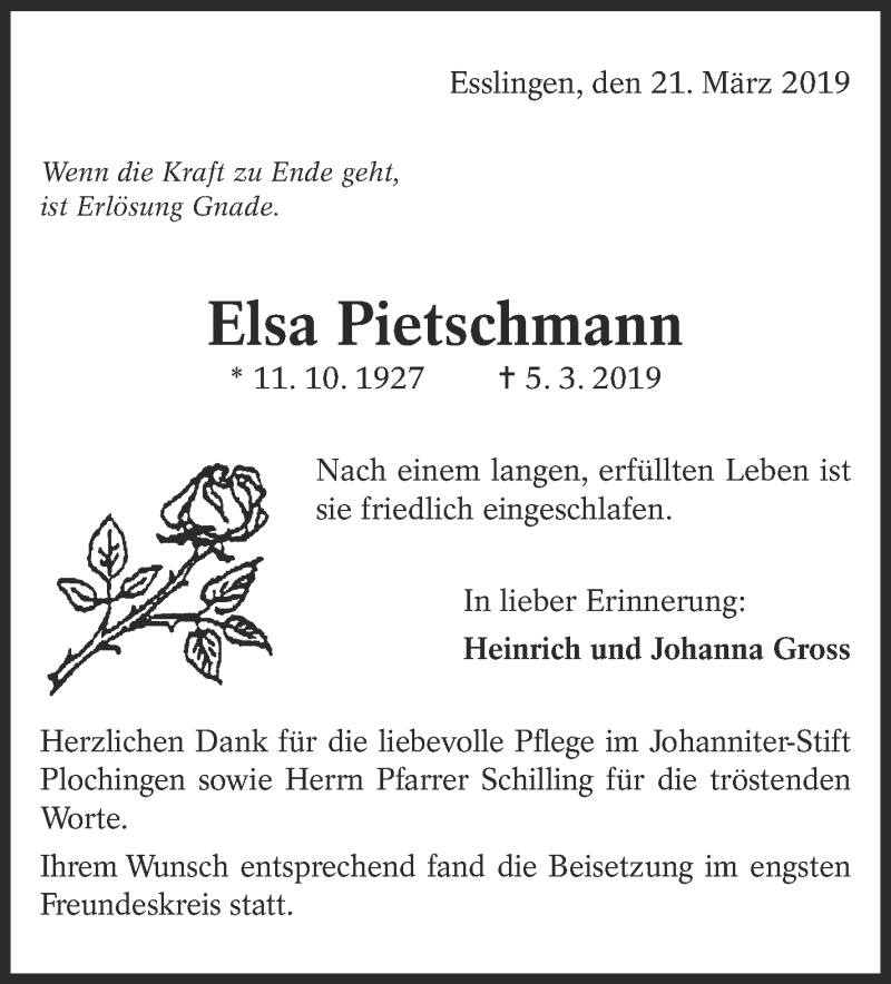  Traueranzeige für Elsa Pietschmann vom 21.03.2019 aus Eßlinger Zeitung/Cannstatter Zeitung