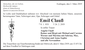 Traueranzeige von Emil Clauß von Eßlinger Zeitung/Cannstatter Zeitung