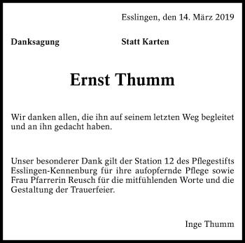 Traueranzeige von Ernst Thumm von Eßlinger Zeitung/Cannstatter Zeitung