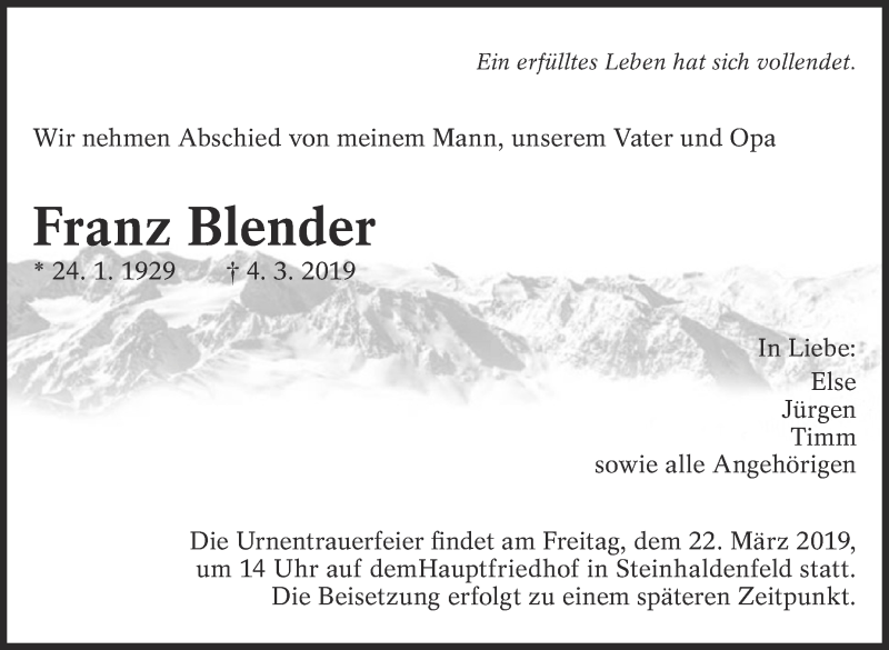  Traueranzeige für Franz Blender vom 19.03.2019 aus Eßlinger Zeitung/Cannstatter Zeitung
