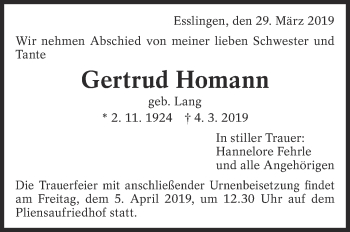 Traueranzeige von Gertrud Homann von Eßlinger Zeitung/Cannstatter Zeitung