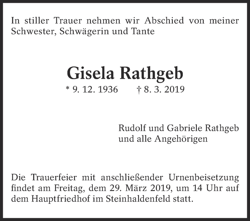  Traueranzeige für Gisela Rathgeb vom 23.03.2019 aus Eßlinger Zeitung/Cannstatter Zeitung