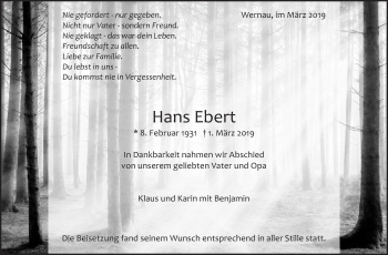 Traueranzeige von Hans Ebert von Eßlinger Zeitung/Cannstatter Zeitung