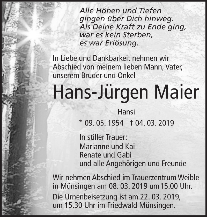  Traueranzeige für Hans-Jürgen Maier vom 07.03.2019 aus Eßlinger Zeitung/Cannstatter Zeitung