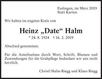 Traueranzeige von Heinz Halm von Eßlinger Zeitung/Cannstatter Zeitung