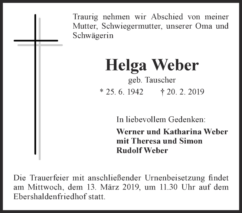  Traueranzeige für Helga Weber vom 09.03.2019 aus Eßlinger Zeitung/Cannstatter Zeitung