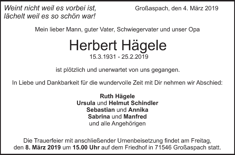  Traueranzeige für Herbert Hägele vom 04.03.2019 aus Eßlinger Zeitung/Cannstatter Zeitung