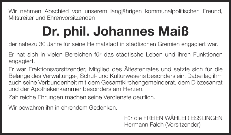  Traueranzeige für Johannes Maiß vom 16.03.2019 aus Eßlinger Zeitung/Cannstatter Zeitung