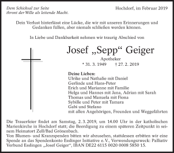 Traueranzeige von Josef Geiger von Eßlinger Zeitung/Cannstatter Zeitung