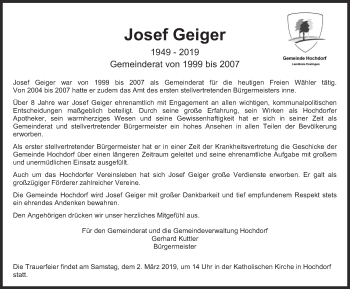 Traueranzeige von Josef Geiger von Eßlinger Zeitung/Cannstatter Zeitung
