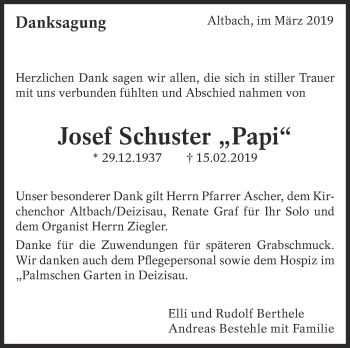 Traueranzeige von Josef Schuster von Eßlinger Zeitung/Cannstatter Zeitung