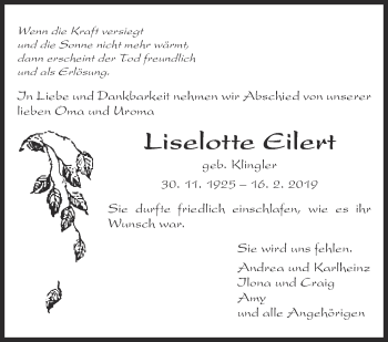 Traueranzeige von Liselotte Eilert von Eßlinger Zeitung/Cannstatter Zeitung