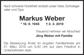 Traueranzeige von Markus Weber von Eßlinger Zeitung/Cannstatter Zeitung