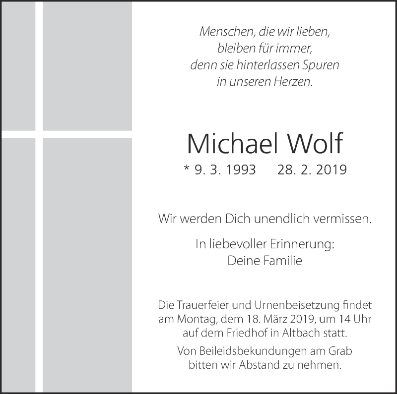  Traueranzeige für Michael Wolf vom 09.03.2019 aus Eßlinger Zeitung/Cannstatter Zeitung