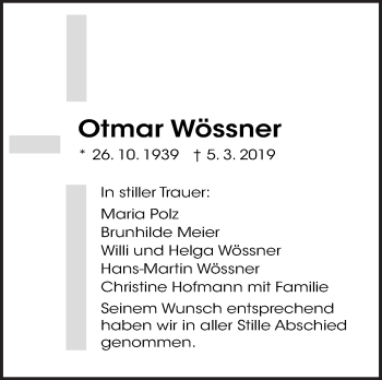 Traueranzeige von Otmar Wössner von Eßlinger Zeitung/Cannstatter Zeitung