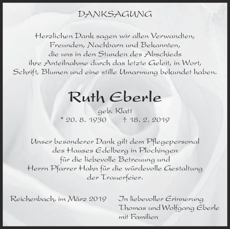  Traueranzeige für Ruth Eberle vom 19.03.2019 aus Eßlinger Zeitung/Cannstatter Zeitung