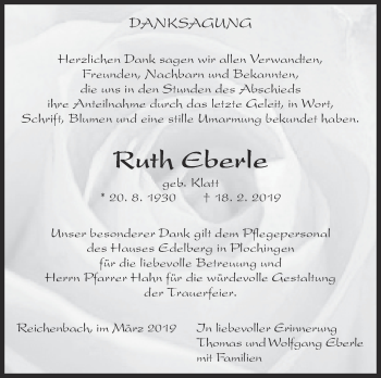 Traueranzeige von Ruth Eberle von Eßlinger Zeitung/Cannstatter Zeitung
