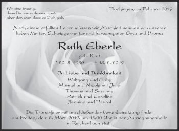Traueranzeige von Ruth Eberle von Eßlinger Zeitung/Cannstatter Zeitung