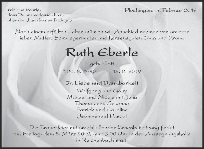  Traueranzeige für Ruth Eberle vom 05.03.2019 aus Eßlinger Zeitung/Cannstatter Zeitung