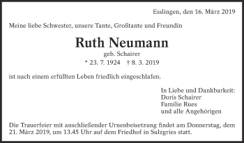 Traueranzeige von Ruth Neumann von Eßlinger Zeitung/Cannstatter Zeitung