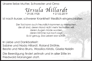 Traueranzeige von Ursula Hillardt von Eßlinger Zeitung/Cannstatter Zeitung