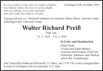 Traueranzeige von Walter Richard Preiß von Eßlinger Zeitung/Cannstatter Zeitung