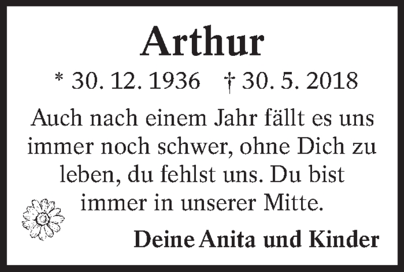  Traueranzeige für Arthur Sauer vom 31.05.2019 aus Eßlinger Zeitung/Cannstatter Zeitung