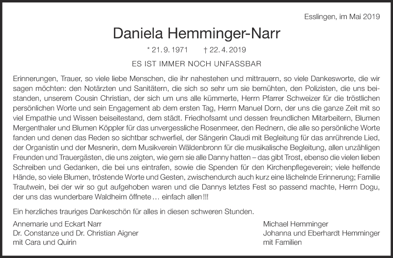  Traueranzeige für Daniela Hemminger-Narr vom 18.05.2019 aus Eßlinger Zeitung/Cannstatter Zeitung