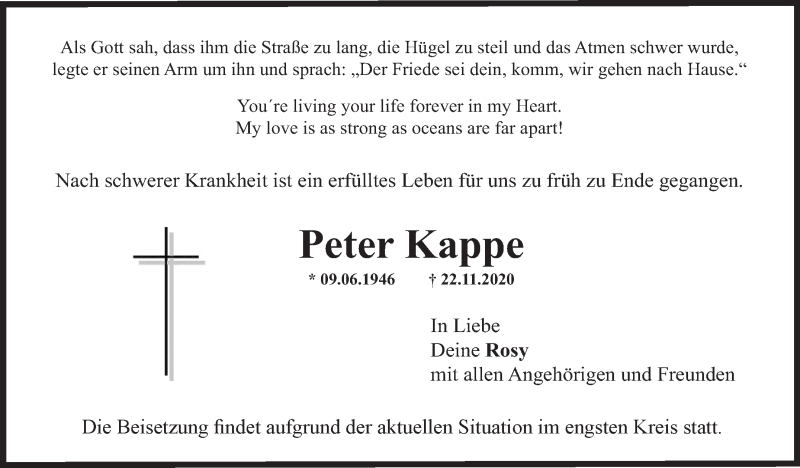  Traueranzeige für Peter Kappe vom 11.12.2020 aus Eßlinger Zeitung/Cannstatter Zeitung