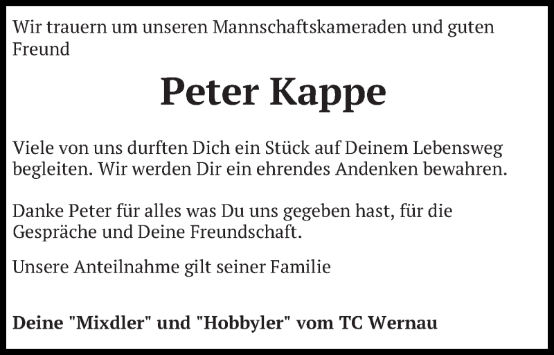  Traueranzeige für Peter Kappe vom 04.12.2020 aus Eßlinger Zeitung/Cannstatter Zeitung