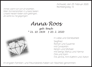 Traueranzeige von Anna Roos von Eßlinger Zeitung/Cannstatter Zeitung