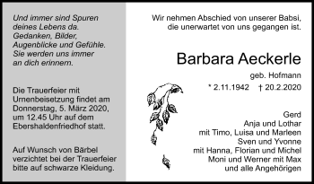 Traueranzeige von Barbara Aeckerle von Eßlinger Zeitung/Cannstatter Zeitung