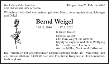 Traueranzeige von Bernd Weigel von Eßlinger Zeitung/Cannstatter Zeitung