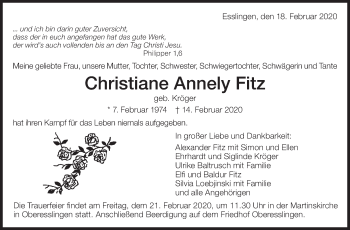 Traueranzeige von Christiane Annely Fitz von Eßlinger Zeitung/Cannstatter Zeitung