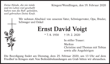 Traueranzeige von Ernst David Voigt von Eßlinger Zeitung/Cannstatter Zeitung