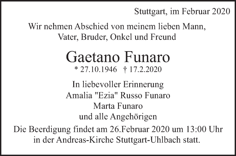  Traueranzeige für Gaetano Funaro vom 21.02.2020 aus Eßlinger Zeitung/Cannstatter Zeitung