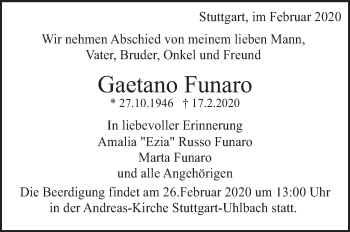 Traueranzeige von Gaetano Funaro von Eßlinger Zeitung/Cannstatter Zeitung