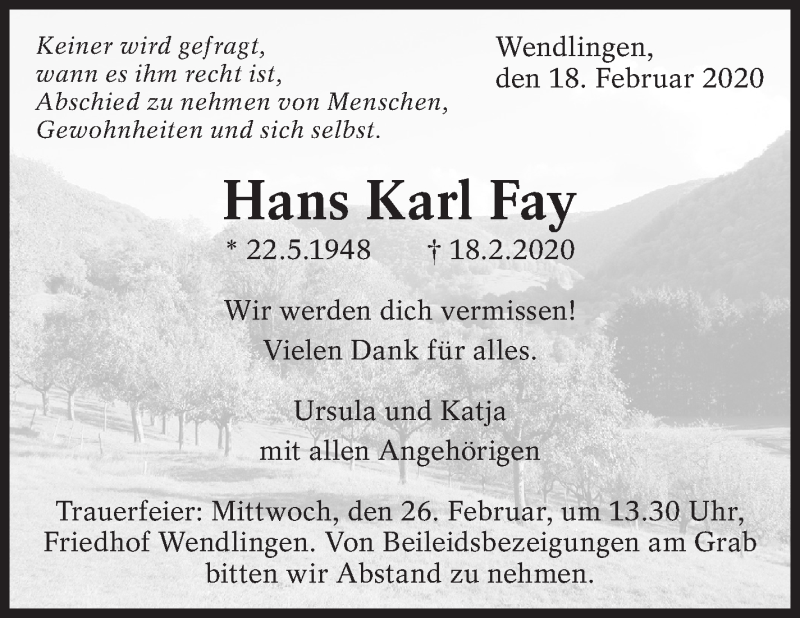  Traueranzeige für Hans Karl Fay vom 24.02.2020 aus Eßlinger Zeitung/Cannstatter Zeitung