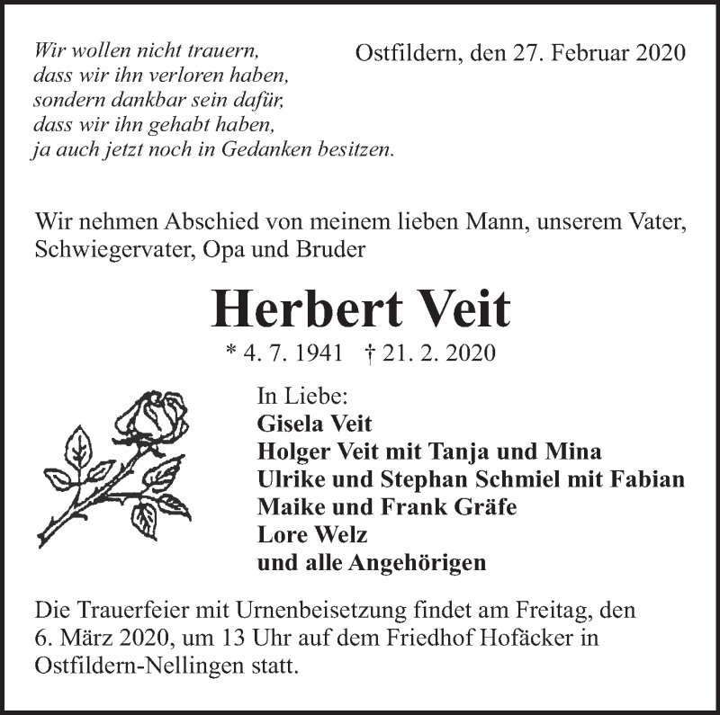  Traueranzeige für Herbert Veit vom 27.02.2020 aus Eßlinger Zeitung/Cannstatter Zeitung