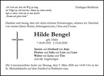 Traueranzeige von Hilde Bengel von Eßlinger Zeitung/Cannstatter Zeitung